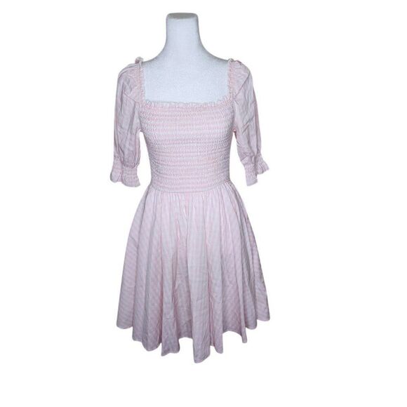 Blue Rain Smocked Mini Dress Womens Size S Pink Check country Barbie - Picture 1 of 7